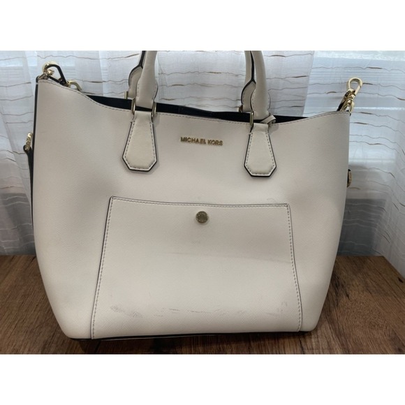 2 lot: Michael Kors Satchel Crossbody Purse White & Brown Crossbody  w/ gold - Picture 1 of 16